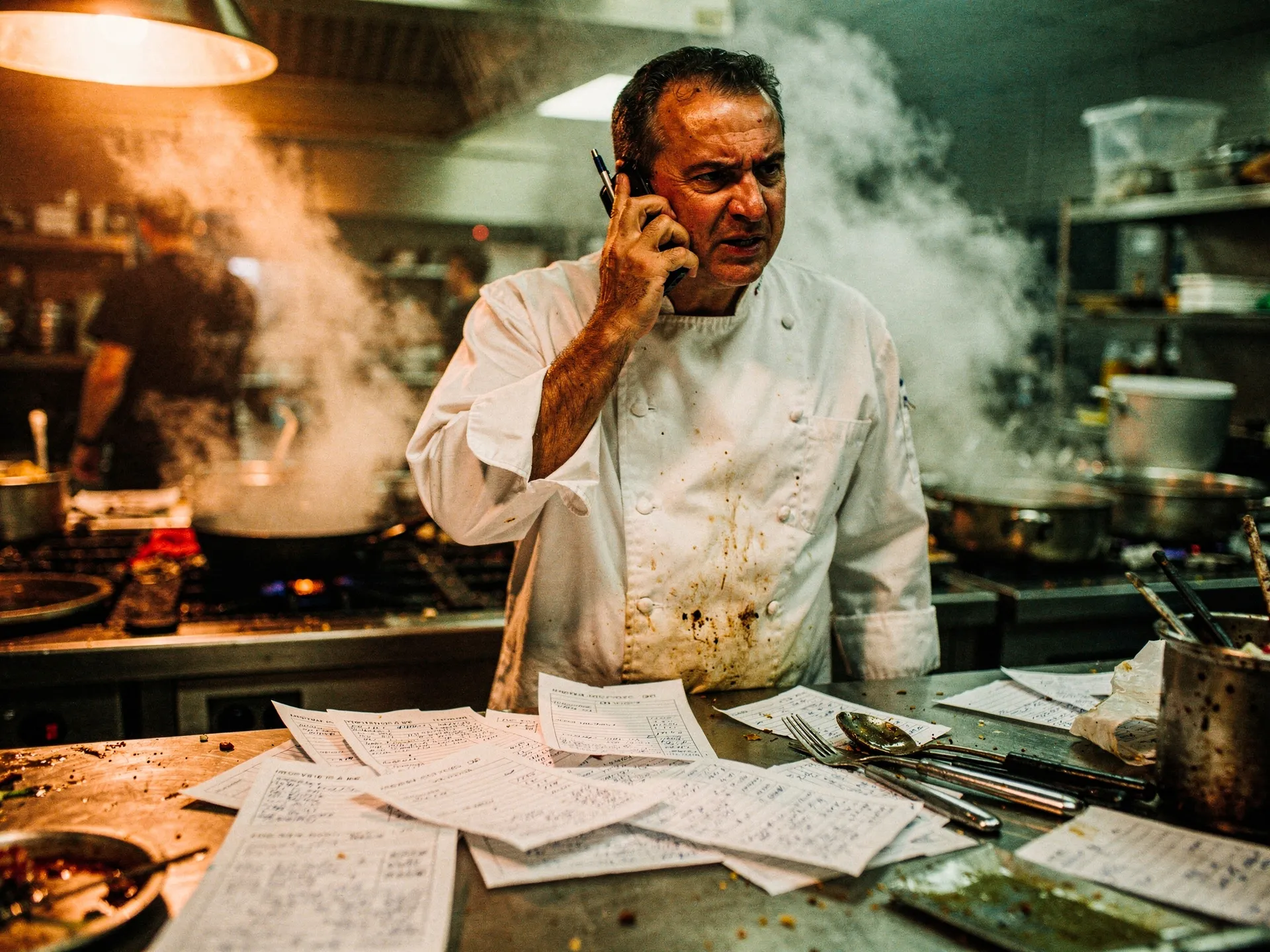 Chef sobrecarregado gerenciando orçamentos no telefone